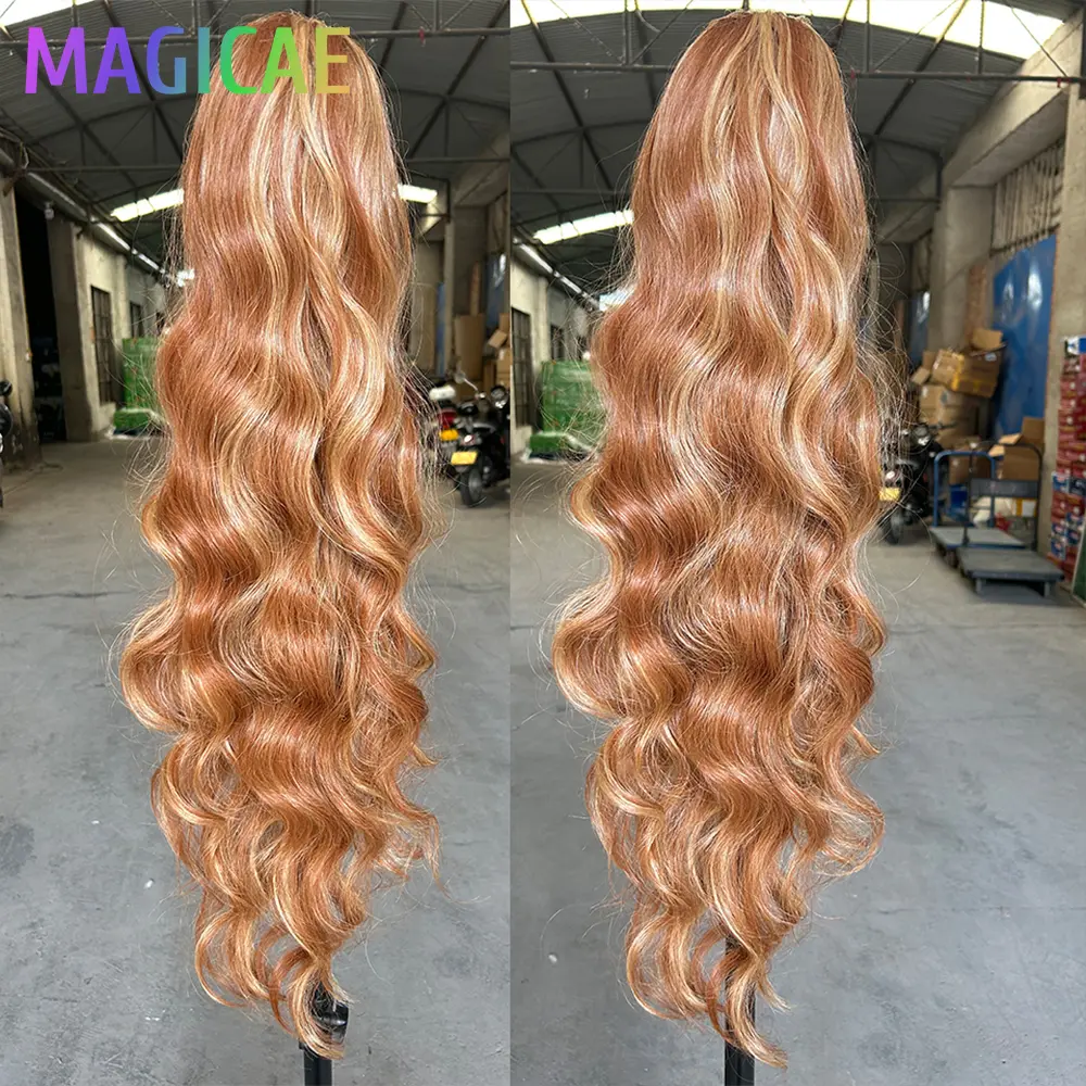 Magicae Ponytail 28Inches Ombre Brown Blond 27/ 613 Clip in Synthetic Hair Extension 180grams Heat Resistant Body Wavy