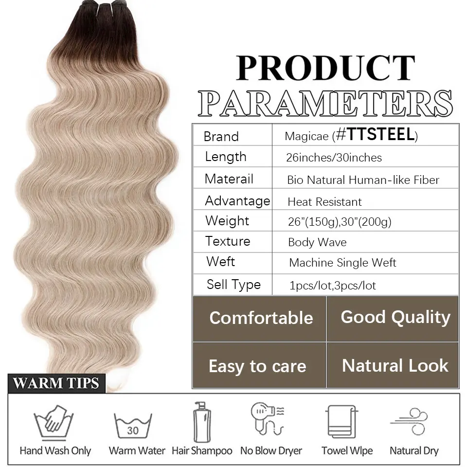 Magicae 30Inches 200grams Blond 27/613 Bio Body Wave Hair Weave Bundles High Temperature Synthetic Soft Natural Human-Like Hair