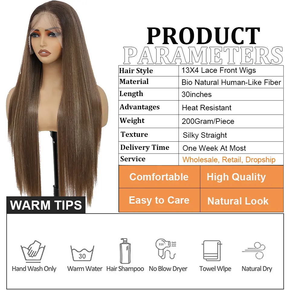 30Inch 13X4 Lace Frontal Straight Wigs Ombre Piano Brown 340G High Temperature Synthetic Pre Plucked Transparent Lace Baby Hair