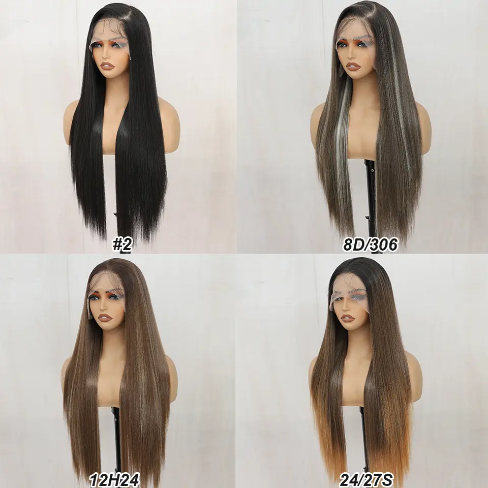 30Inch 13X4 Lace Frontal Straight Wigs Ombre Piano Brown 340G High Temperature Synthetic Pre Plucked Transparent Lace Baby Hair