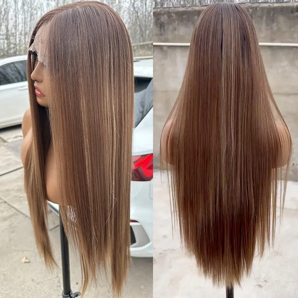 30Inch 13X4 Lace Frontal Straight Wigs Ombre Piano Brown 340G High Temperature Synthetic Pre Plucked Transparent Lace Baby Hair