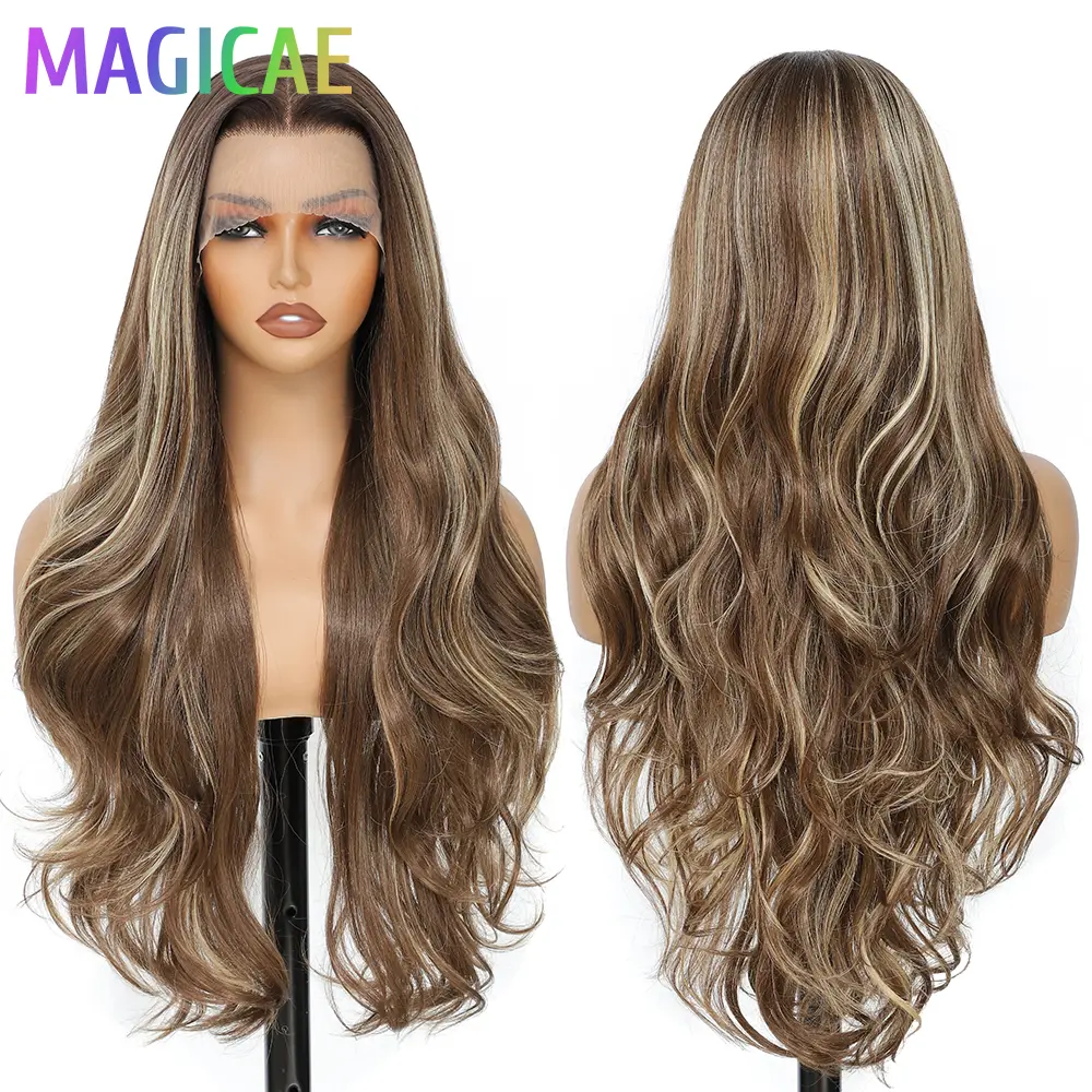 Magicae 30inch 13X4 Lace Frontal Body Wave Wigs Ombre Brown Blond 27/613# Synthetic Heat Resistant Transparent Frontal Hair Wigs