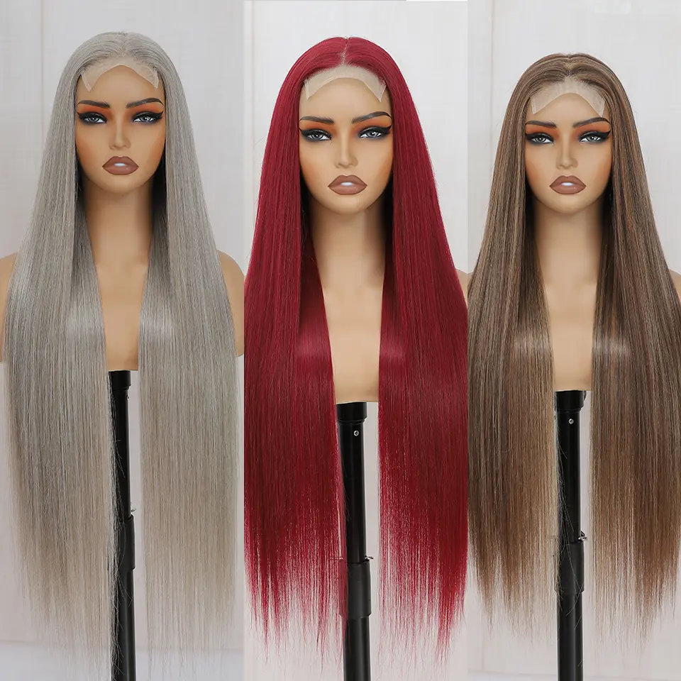 36Inches 4x4 Lace Front Synthetic Straight Wigs 330Grams Highlight Brown Blond 27/613 Lace Closure Wig High Fiber Cosplay Wig
