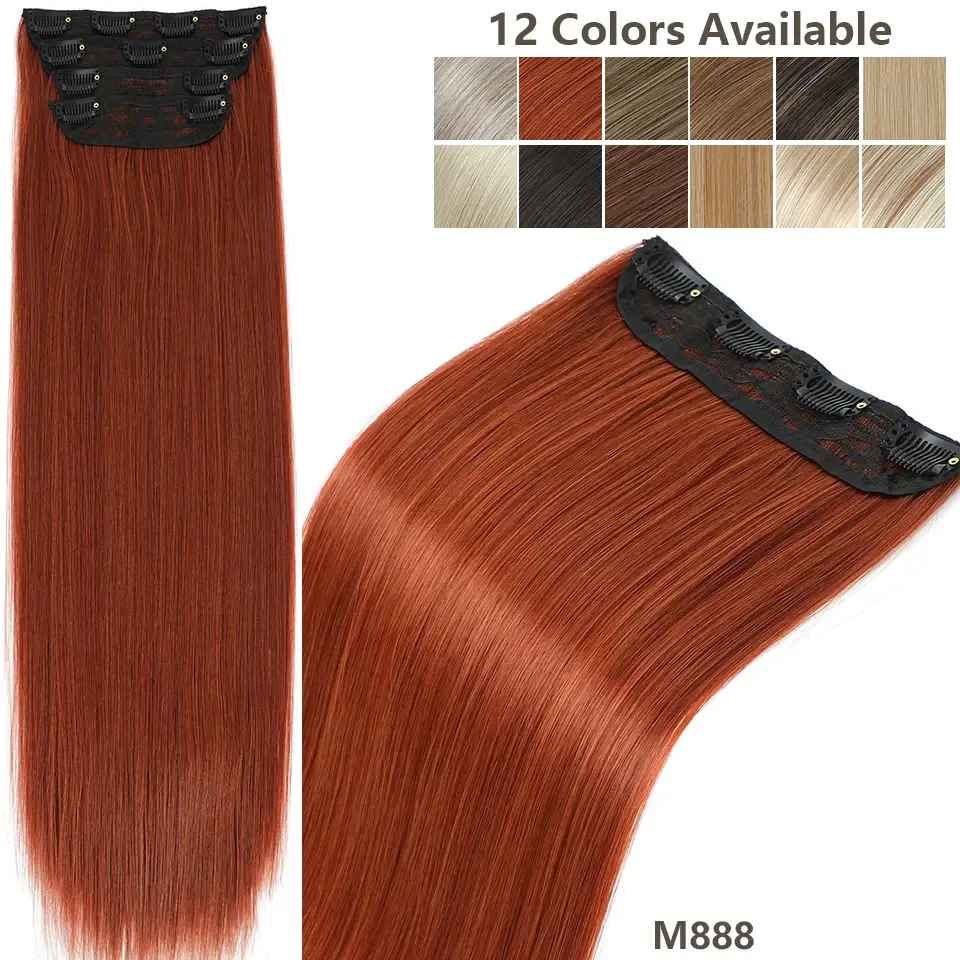 220g 24Inches Ginger Orange Clip In Straight Hair Extensions Ombre Blond 27/613# 4Pcs/Pack Heat Resistant Brown Synthetic Hair