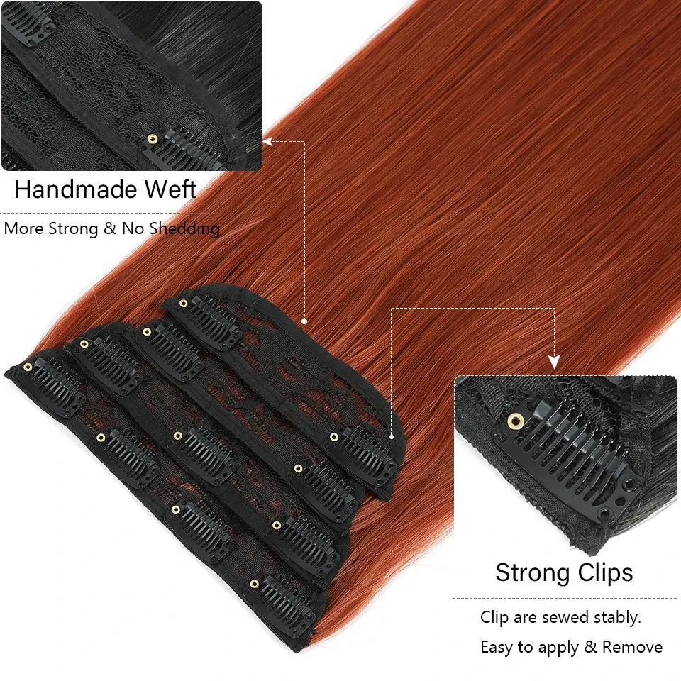 220g 24Inches Ginger Orange Clip In Straight Hair Extensions Ombre Blond 27/613# 4Pcs/Pack Heat Resistant Brown Synthetic Hair