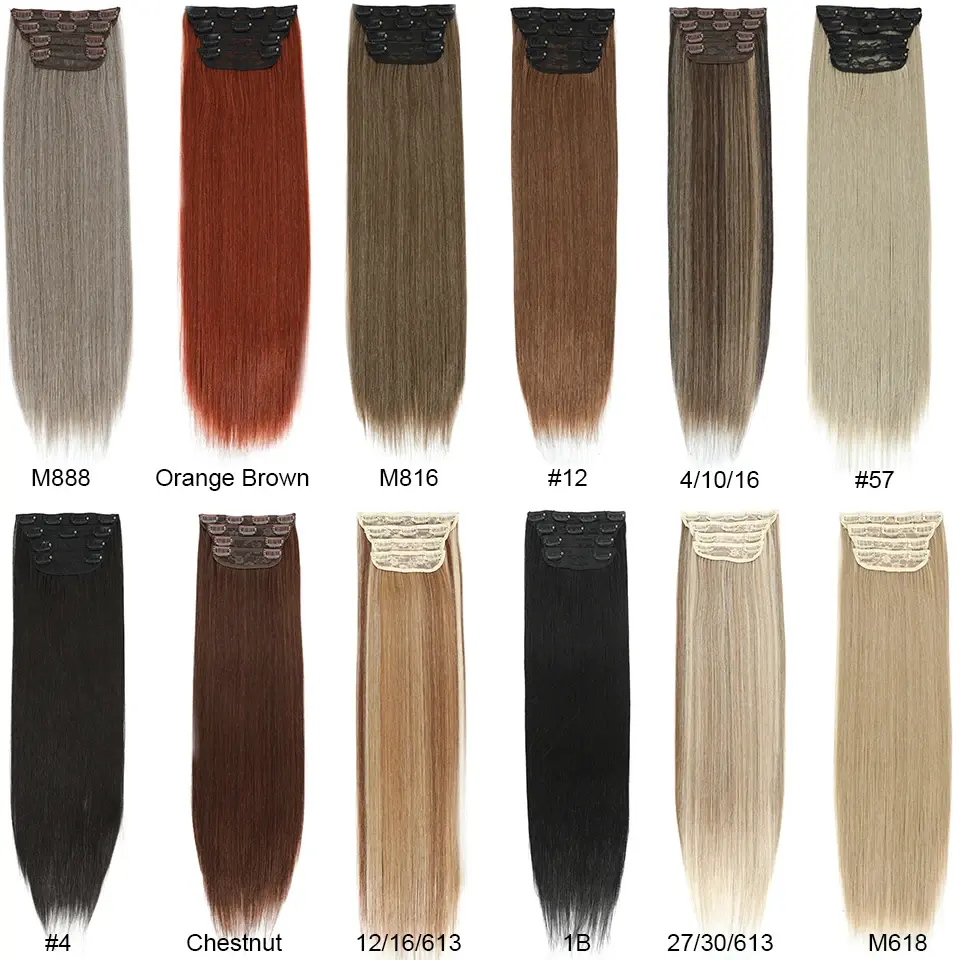 220g 24Inches Ginger Orange Clip In Straight Hair Extensions Ombre Blond 27/613# 4Pcs/Pack Heat Resistant Brown Synthetic Hair