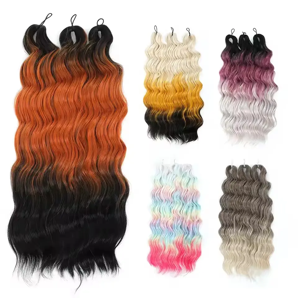 Anna 3Pcs 24Inches 300grams Ombre Rainbow Pink Loose Deep Wave Crochet Braiding Crochet Water Sliver Synthetic Hair Extension