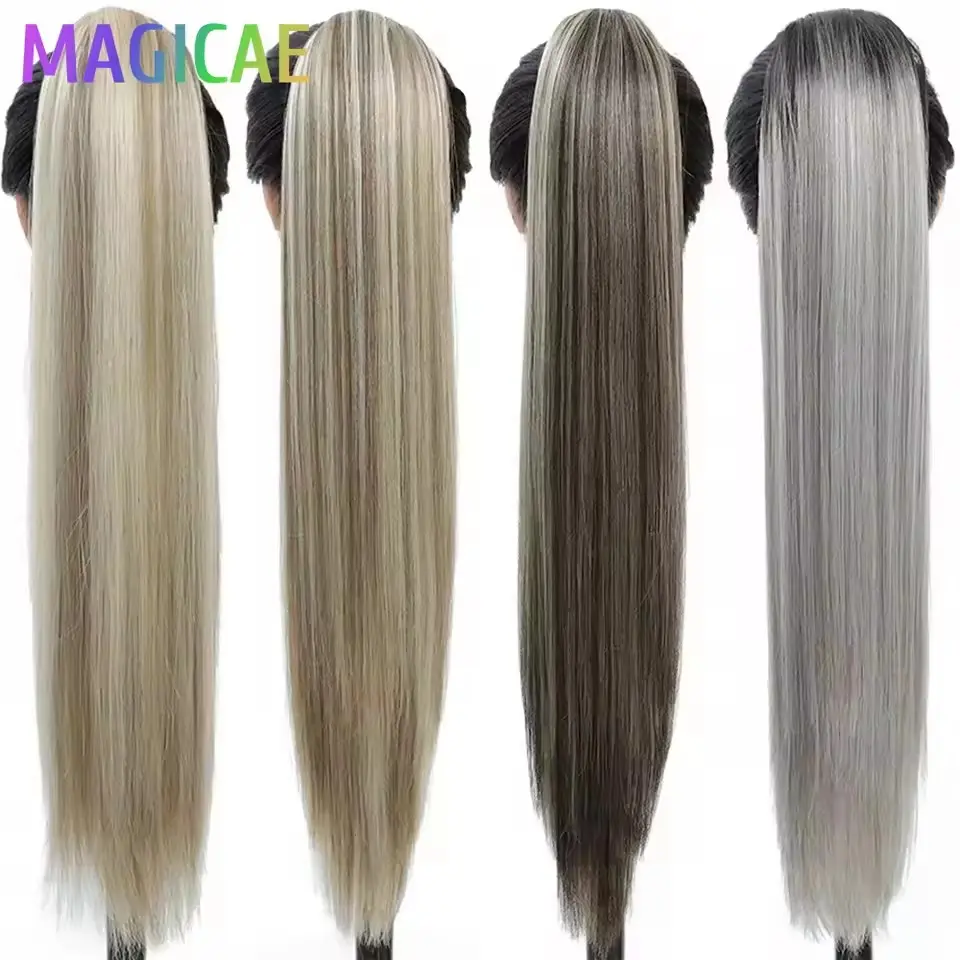 28 Inches Ponytail Blond 27/613 Hair Extensions With Clip Brown Drawstring Nature Color Straight Heat Resistant Synthetic Hair