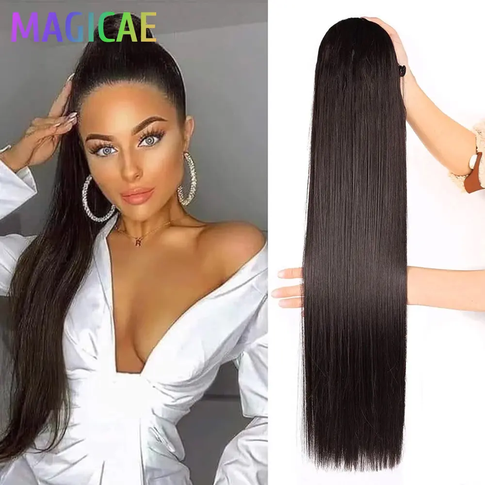 28 Inches Ponytail Blond Highlight 4/12/613 Hair Extensions With Clip Brown 35A Nature Color Straight Heat Resistant Synthetic
