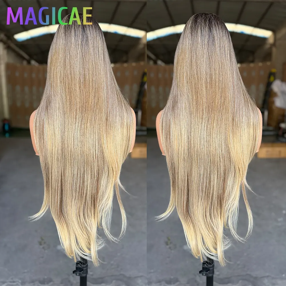 Magicae 30inch 13X4 Lace Frontal Straight Hair Wigs Ombre Ginger350 Brown Blond 27# Synthetic Heat Resistant Transparent Frontal