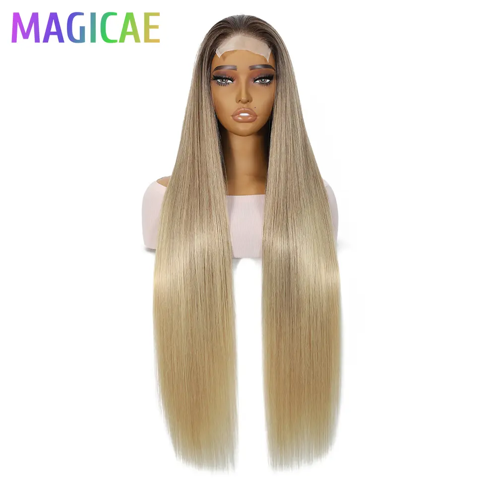 Magicae 36inch Straight 4x4 Lace Front Wigs Highlight 27/613 Ombre White Brown Wig Lace Closure Synthetic Cosplay Wig For Women