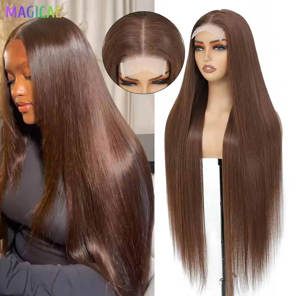 Magicae 36inch Straight 4x4 Lace Front Wigs Highlight 27/613 Ombre White Brown Wig Lace Closure Synthetic Cosplay Wig For Women