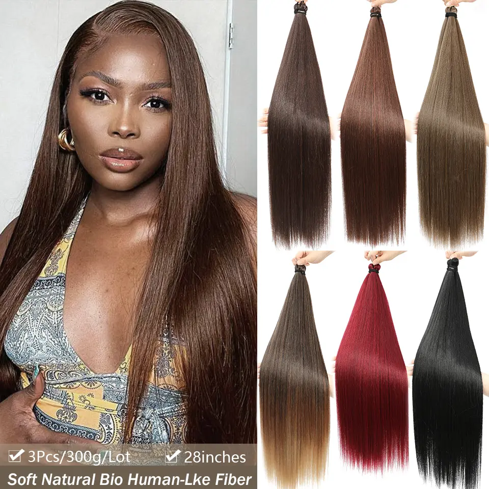 Magicae 28Inches 3Pcs Dark Brown Twist Crochet Braiding Ombre Blond Straight Hair Bundles Extension High Temperature Synthetic