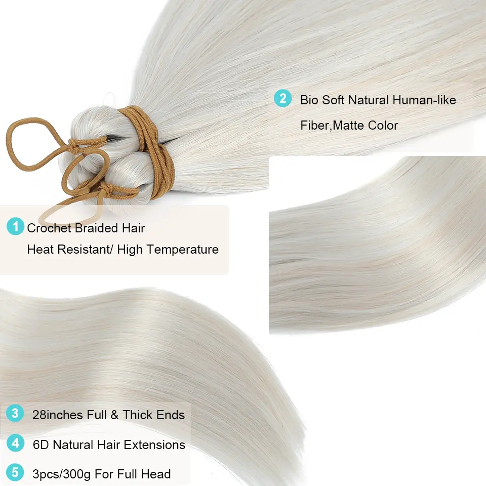 28Inches Colored Silver 3Pcs Twist Crochet Braiding Hair Extension High Temperature 300g Straight Bundle Synthetic PonyTail Hair