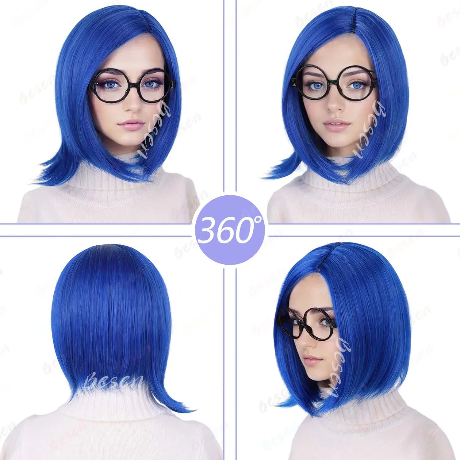 Synthetic Sadness Costume Blue Bob Wig with Black Glasses Short Blue Costume Anime Wig for Women Cosplay Halloween Party