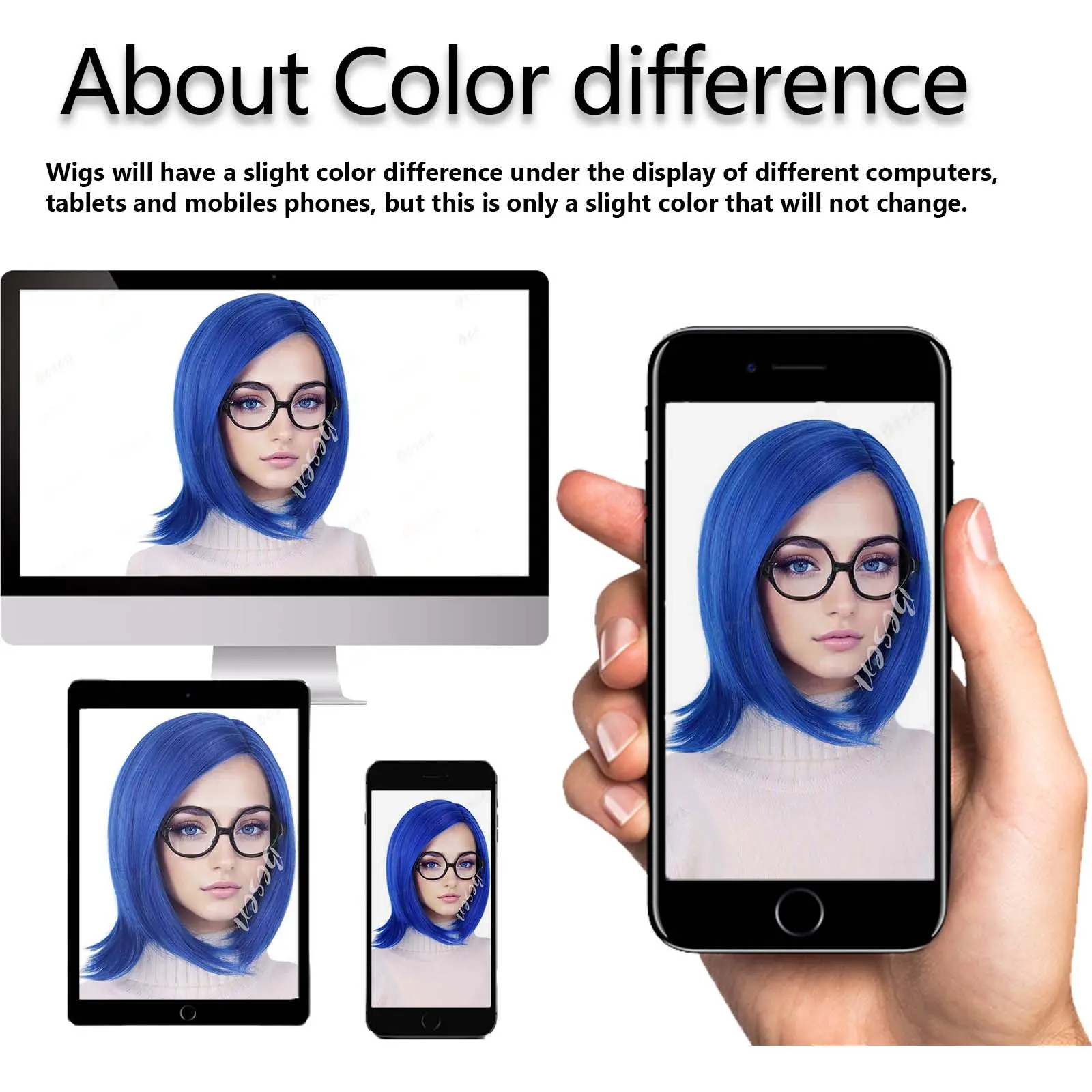 Synthetic Sadness Costume Blue Bob Wig with Black Glasses Short Blue Costume Anime Wig for Women Cosplay Halloween Party