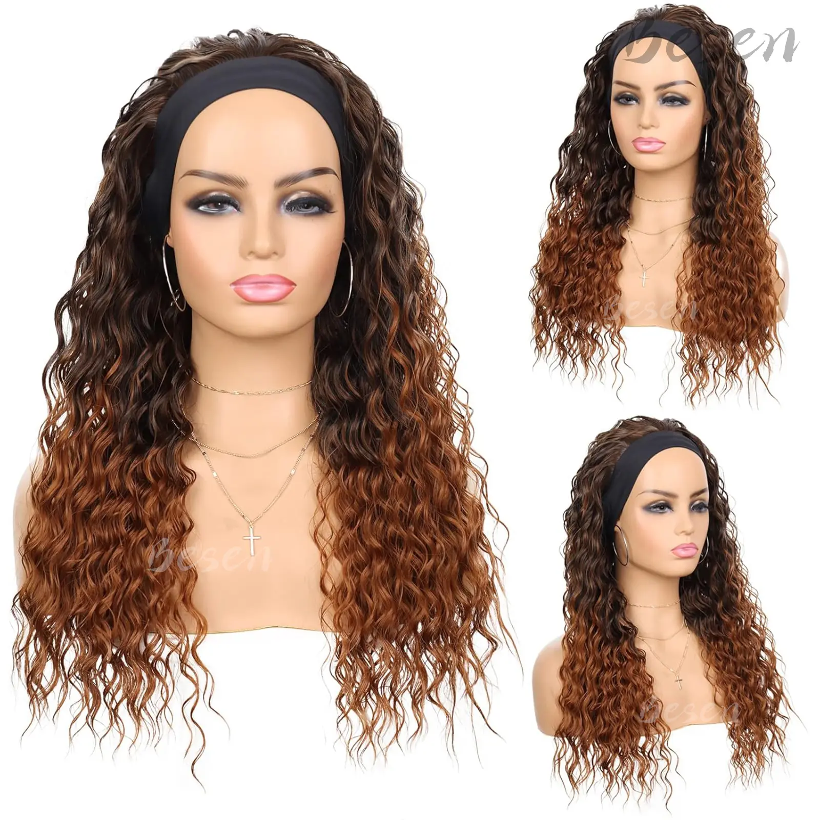 Synthetic Headband Wigs for Black Women Long Water Wave Headband Wigs Wet and Wavy Wigs with Headbands Half Wig for Daily Use