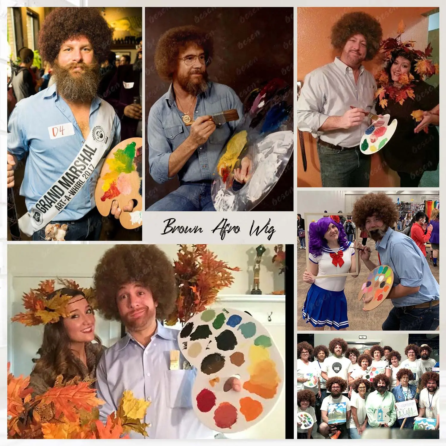 Synthetic Afro fluffy Wig for Men Costumes Men's Joyful Painter Wig Short Brown Afro Curly Halloween Hippie Party Wig