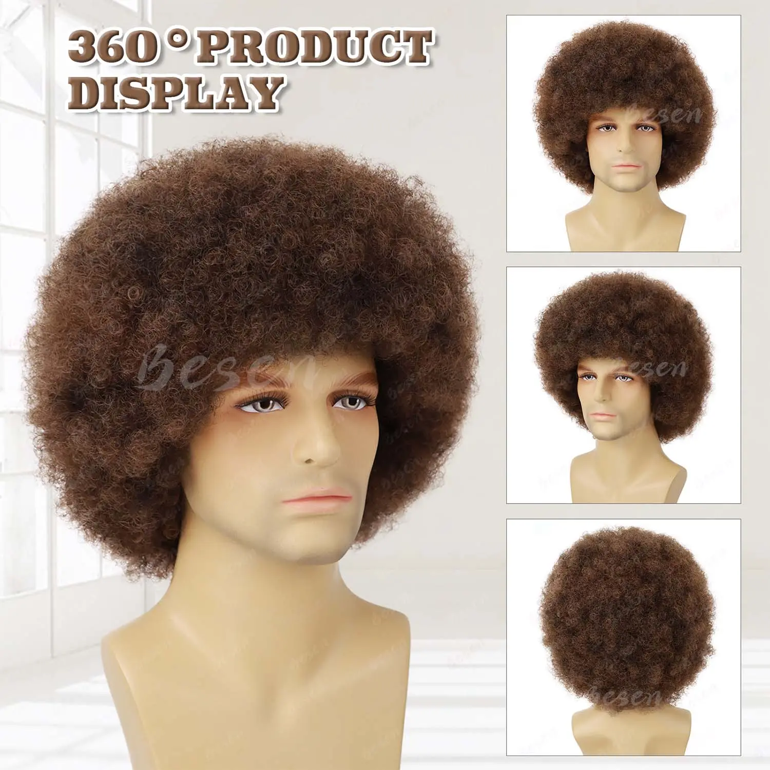 Synthetic Afro fluffy Wig for Men Costumes Men's Joyful Painter Wig Short Brown Afro Curly Halloween Hippie Party Wig