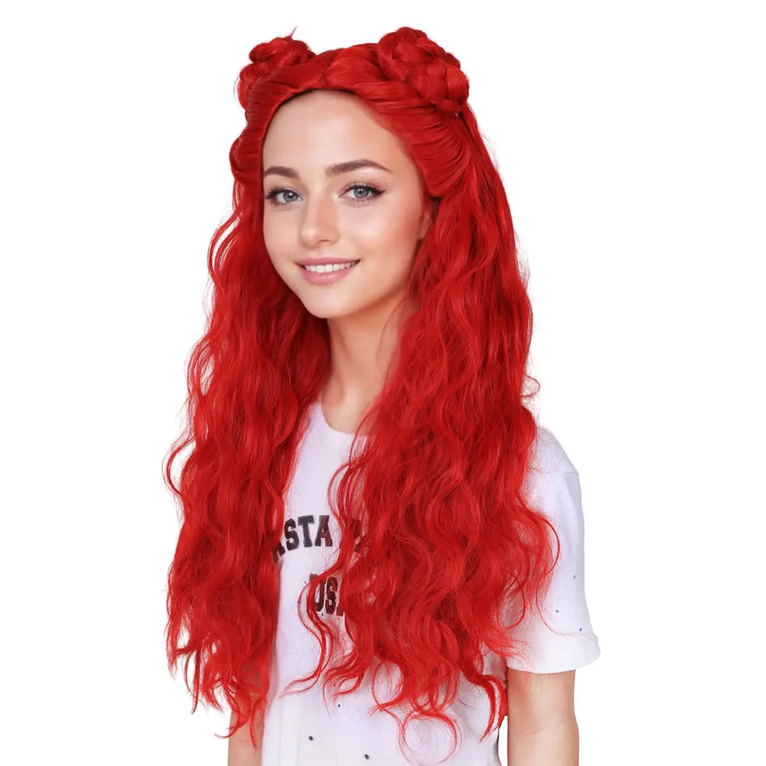 Synthetic Long Wavy Red with Braided Buns for Girls Red Costume Wig Heat Resistant Wig Halloween Cosplay Wigs