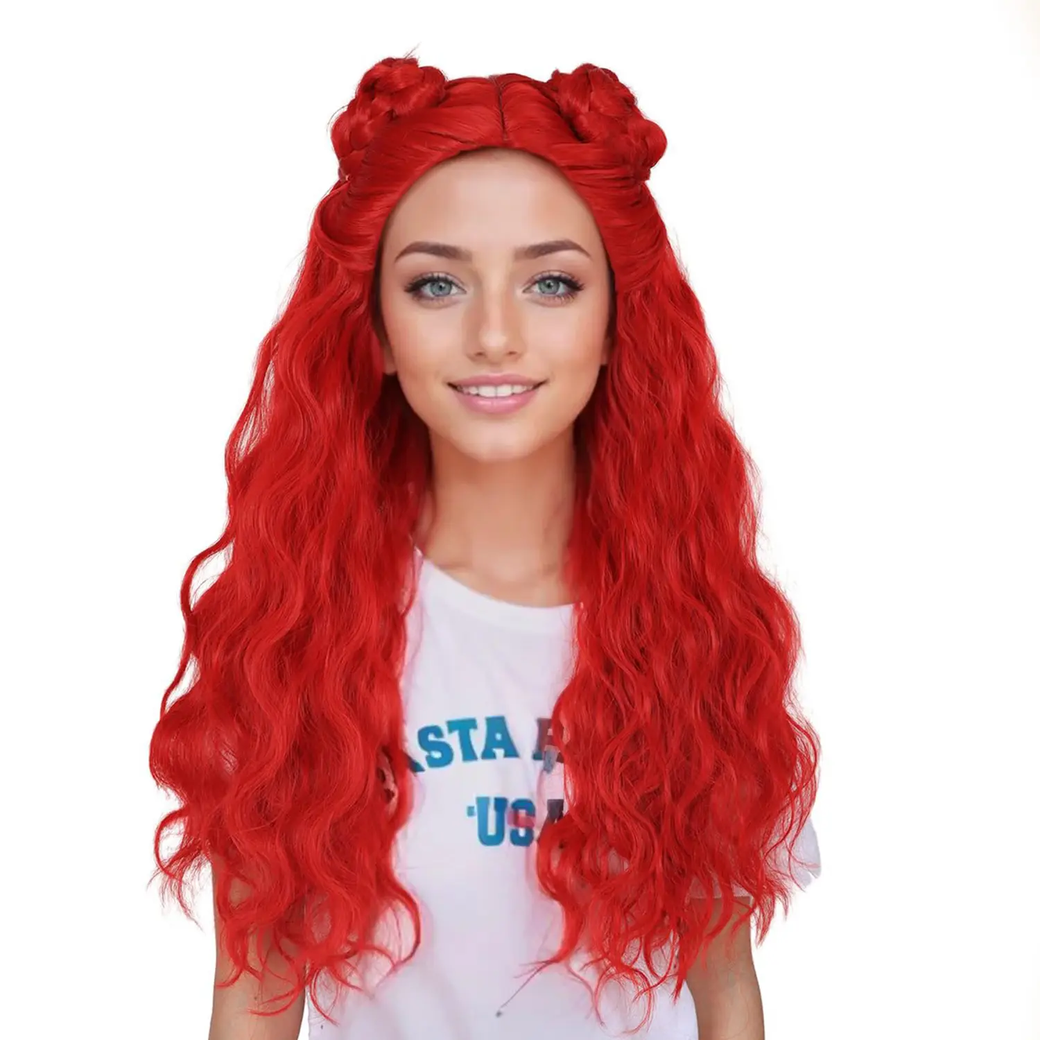Synthetic Long Wavy Red with Braided Buns for Girls Red Costume Wig Heat Resistant Wig Halloween Cosplay Wigs