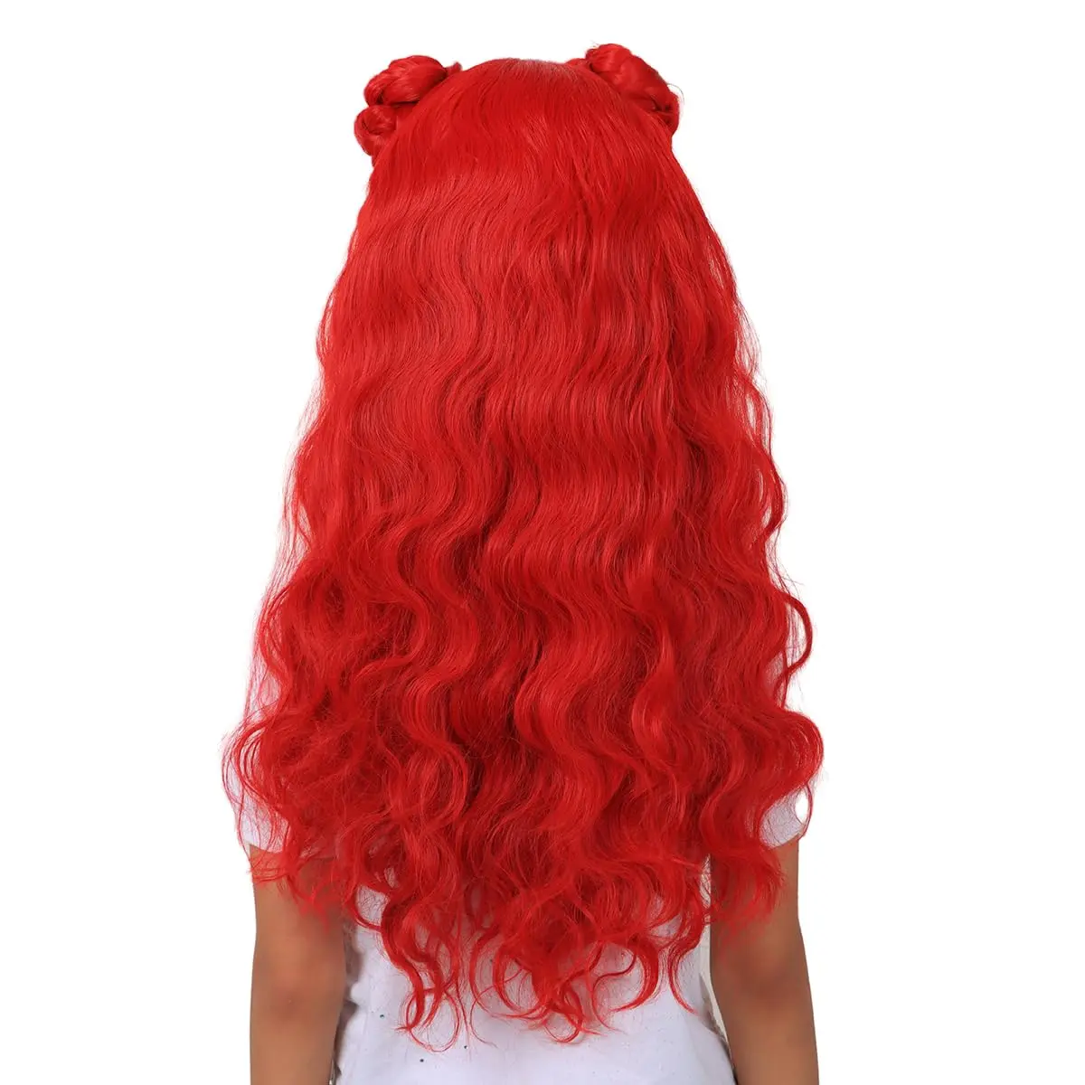 Synthetic Long Wavy Red with Braided Buns for Girls Red Costume Wig Heat Resistant Wig Halloween Cosplay Wigs