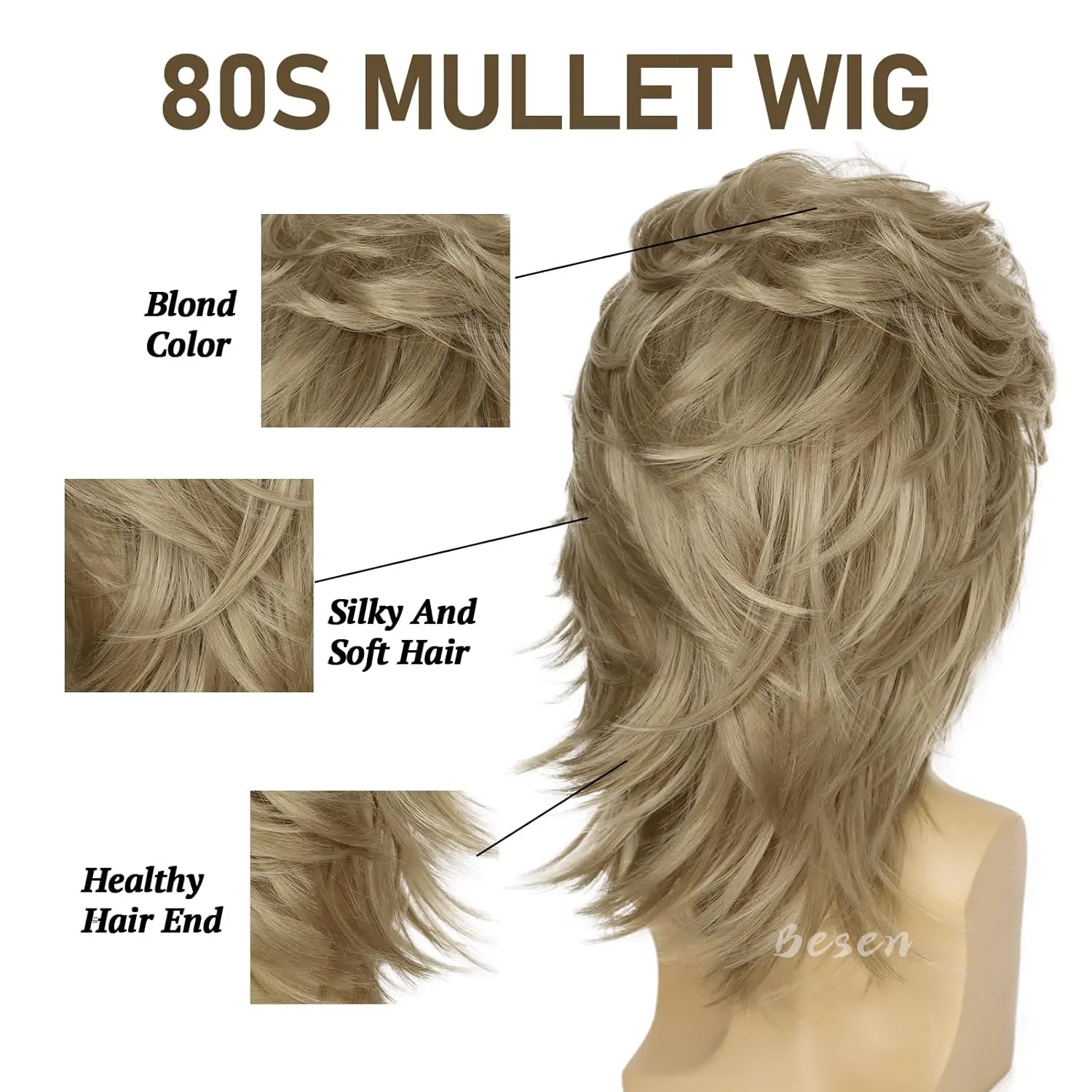 Synthetic Blonde Mullet Wigs for Men Costume 80s Funny Wigs Pop Rock Wig for 70s Mens Fancy Party Cosplay Halloween