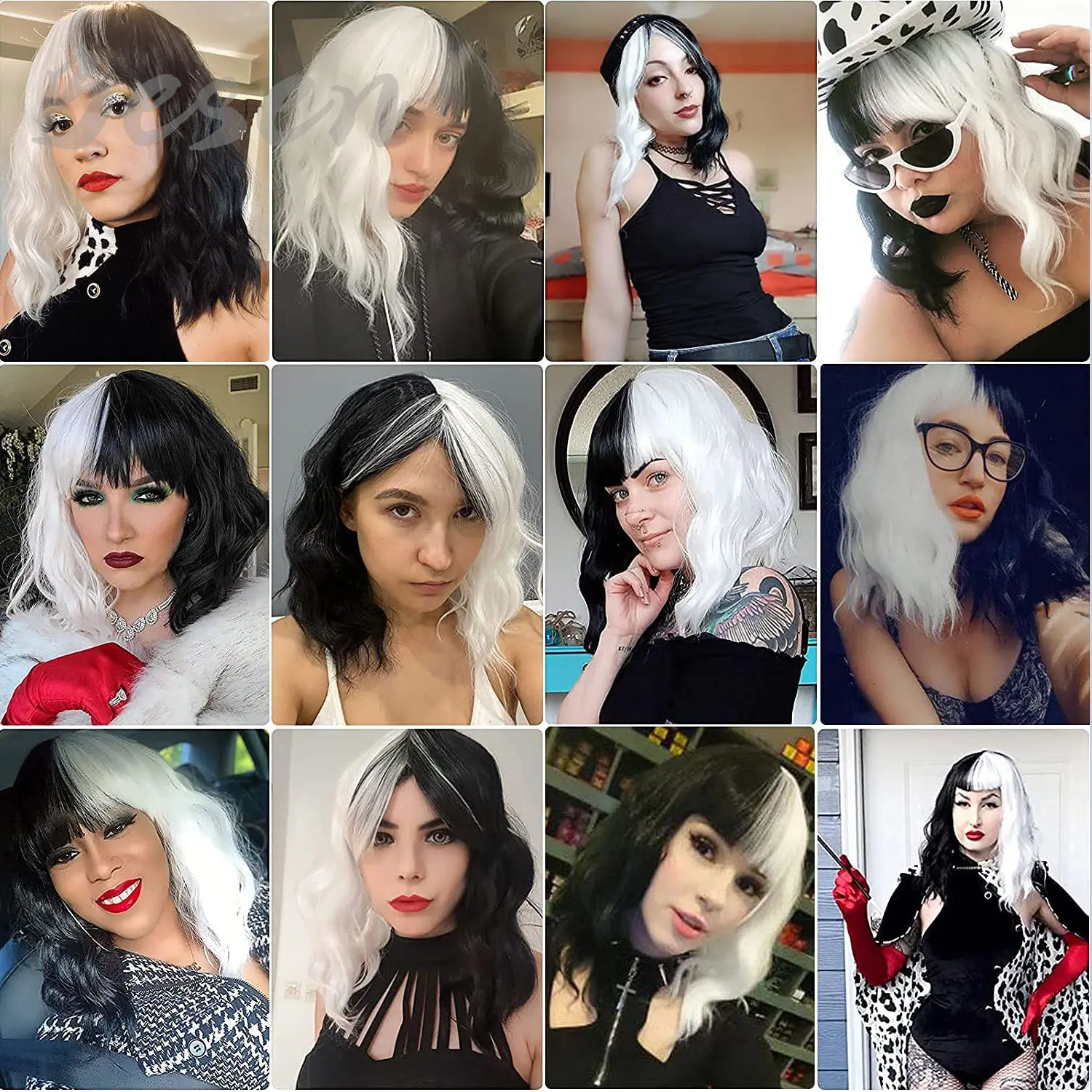 Synthetic Cruella Wig Black and White Wigs for Cruella Deville Costume Women Short Bob Wavy Curly Wigs Party Cosplay Halloween