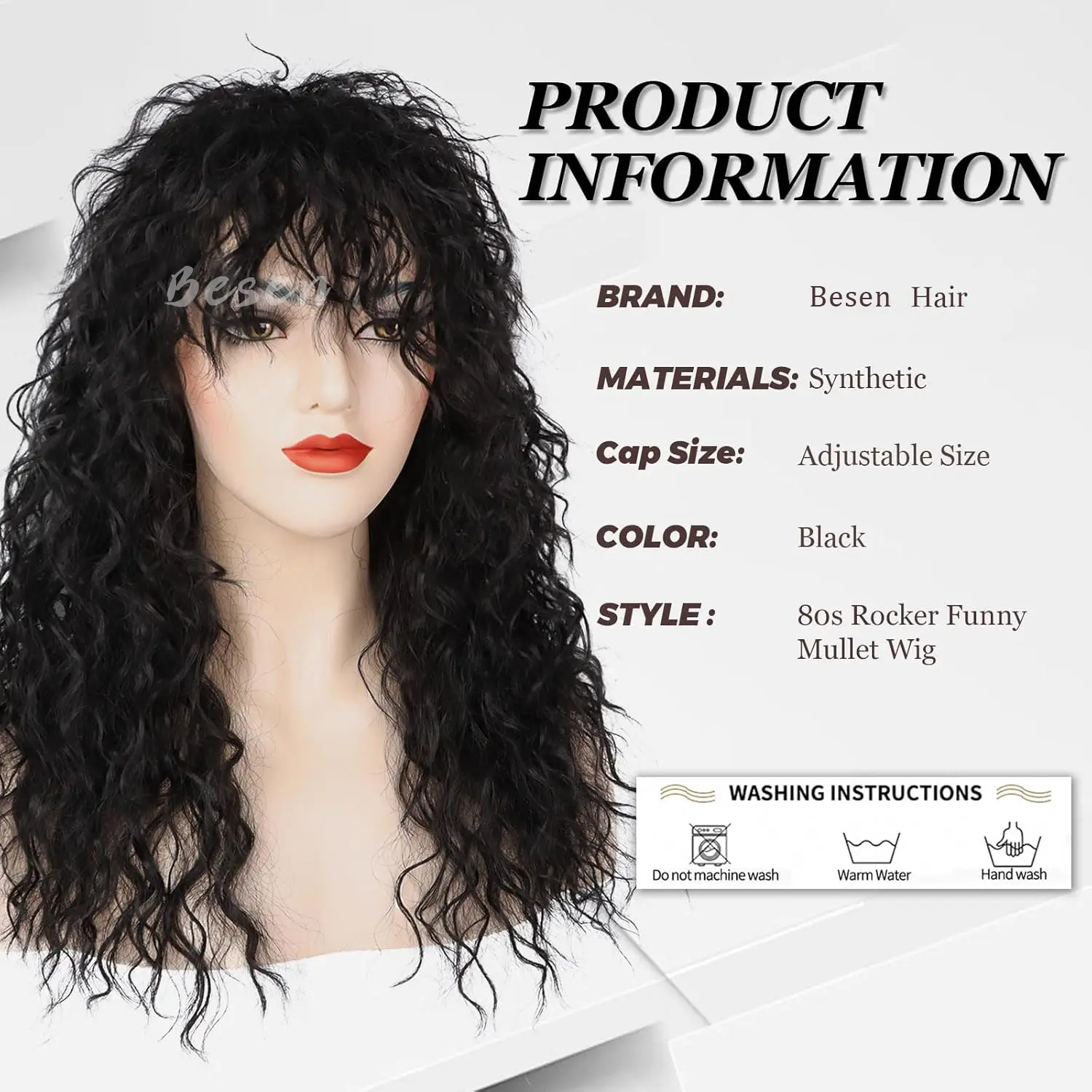 Synthetic 80s Rocker Wig for Men and Women Mullet Wig Long Curly Heavy Metal Funny Wig for Costume Cosplay Halloween Use