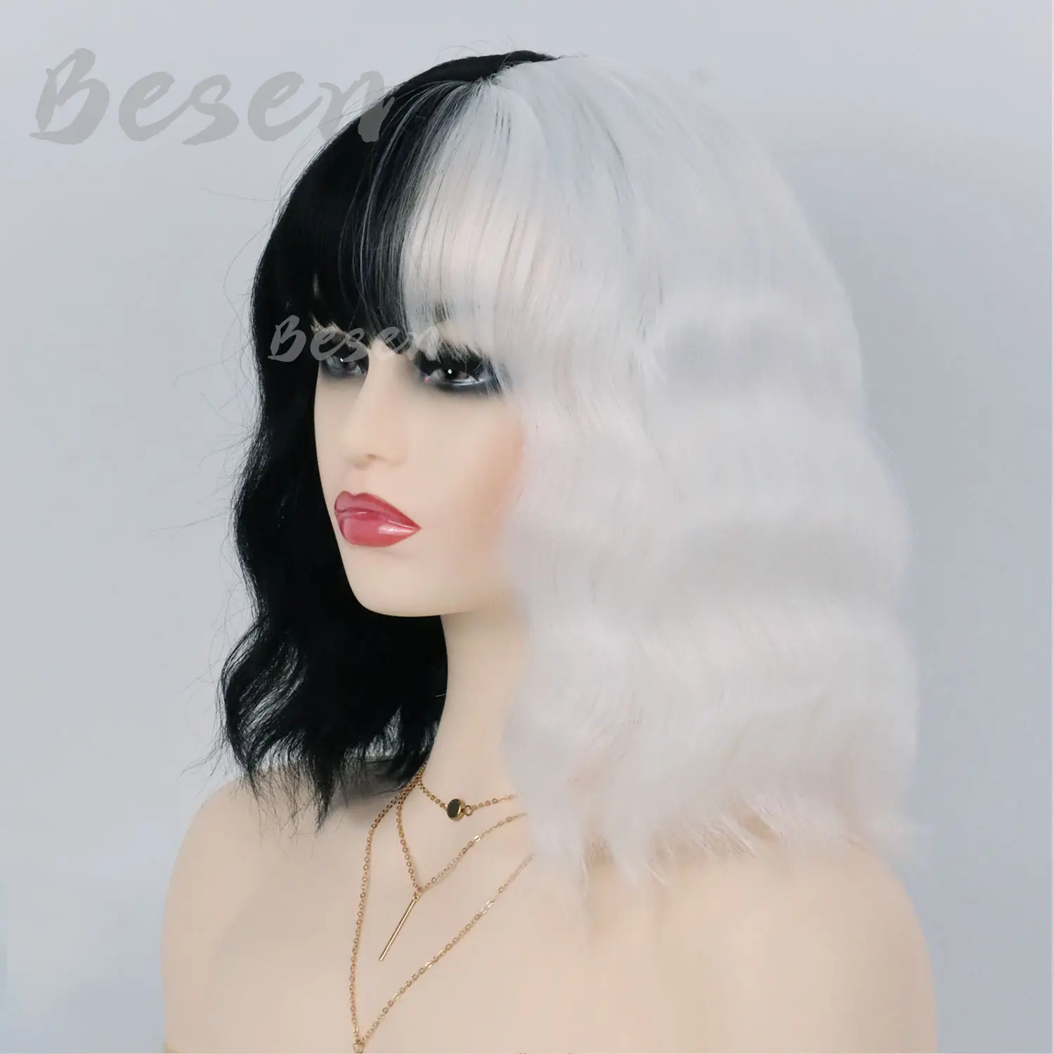 Synthetic Cruella Wig Black and White Wigs for Cruella Deville Costume Women Short Bob Wavy Curly Wigs Party Cosplay Halloween