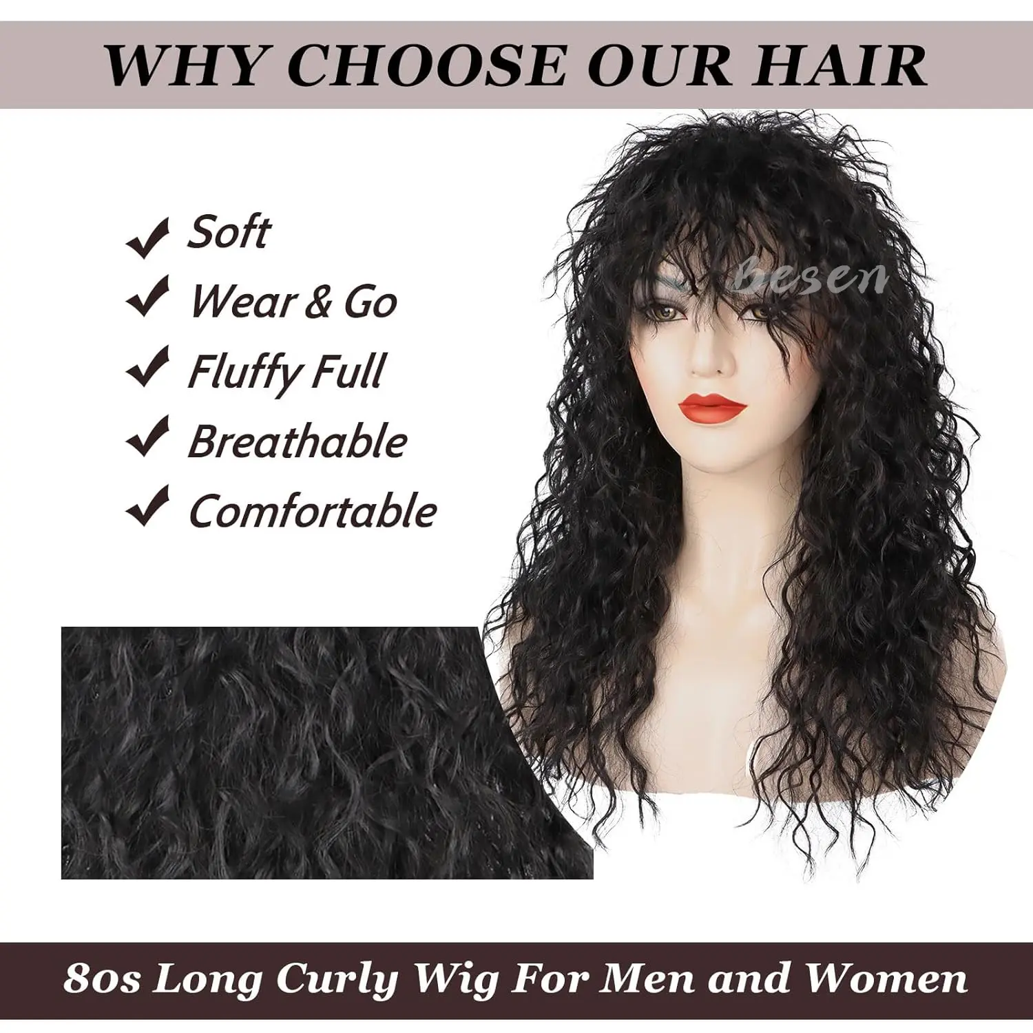 Synthetic 80s Rocker Wig for Men and Women Mullet Wig Long Curly Heavy Metal Funny Wig for Costume Cosplay Halloween Use