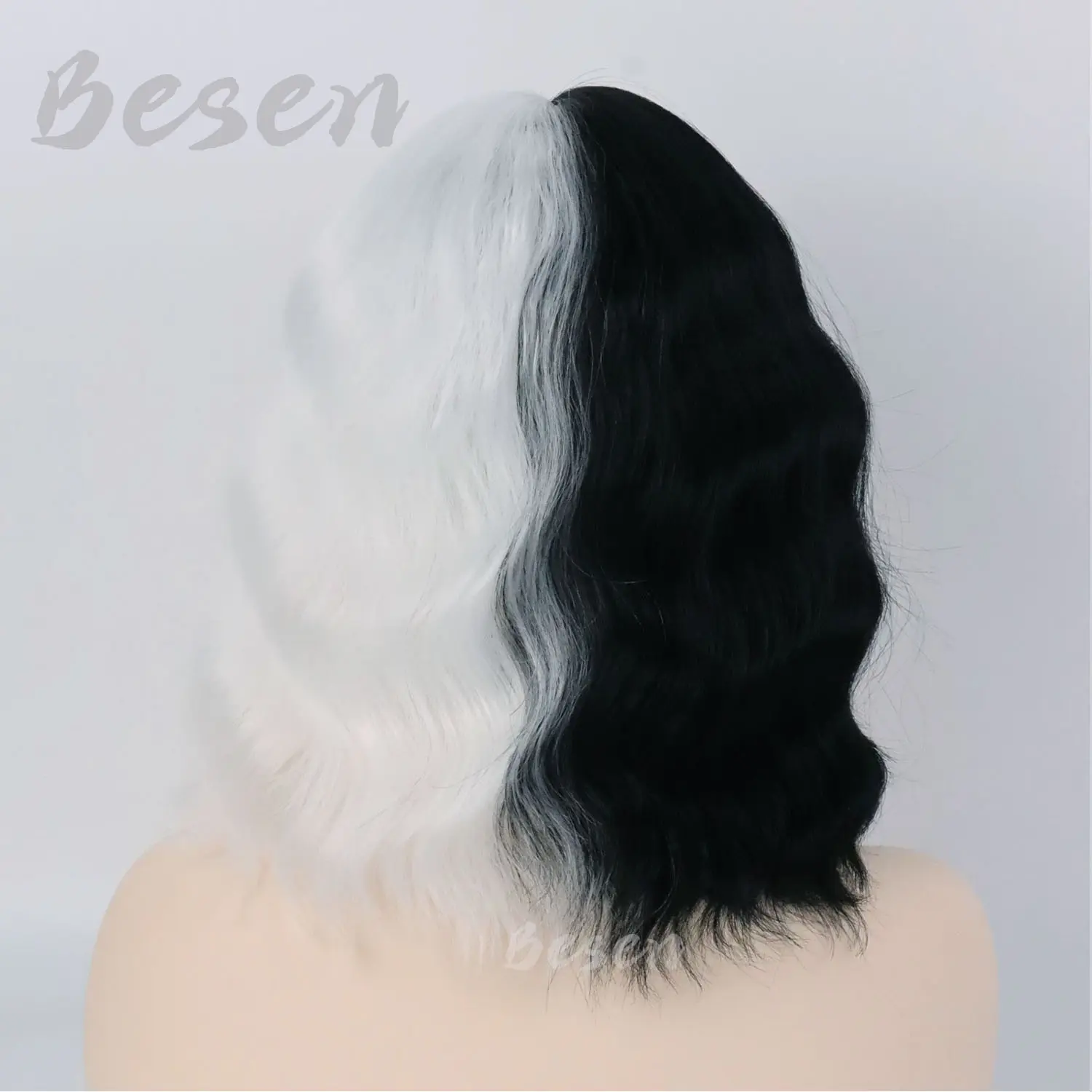 Synthetic Cruella Wig Black and White Wigs for Cruella Deville Costume Women Short Bob Wavy Curly Wigs Party Cosplay Halloween