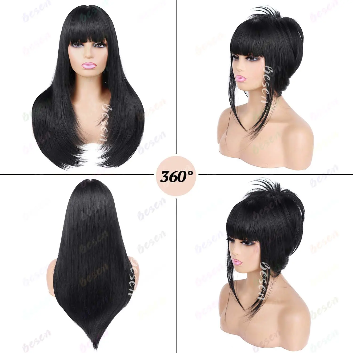 Synthetic Black Wig Female Simulation Hair High Level Long Hair Air Natural French Bangs Heat Resistant Fiber Wigs for Women