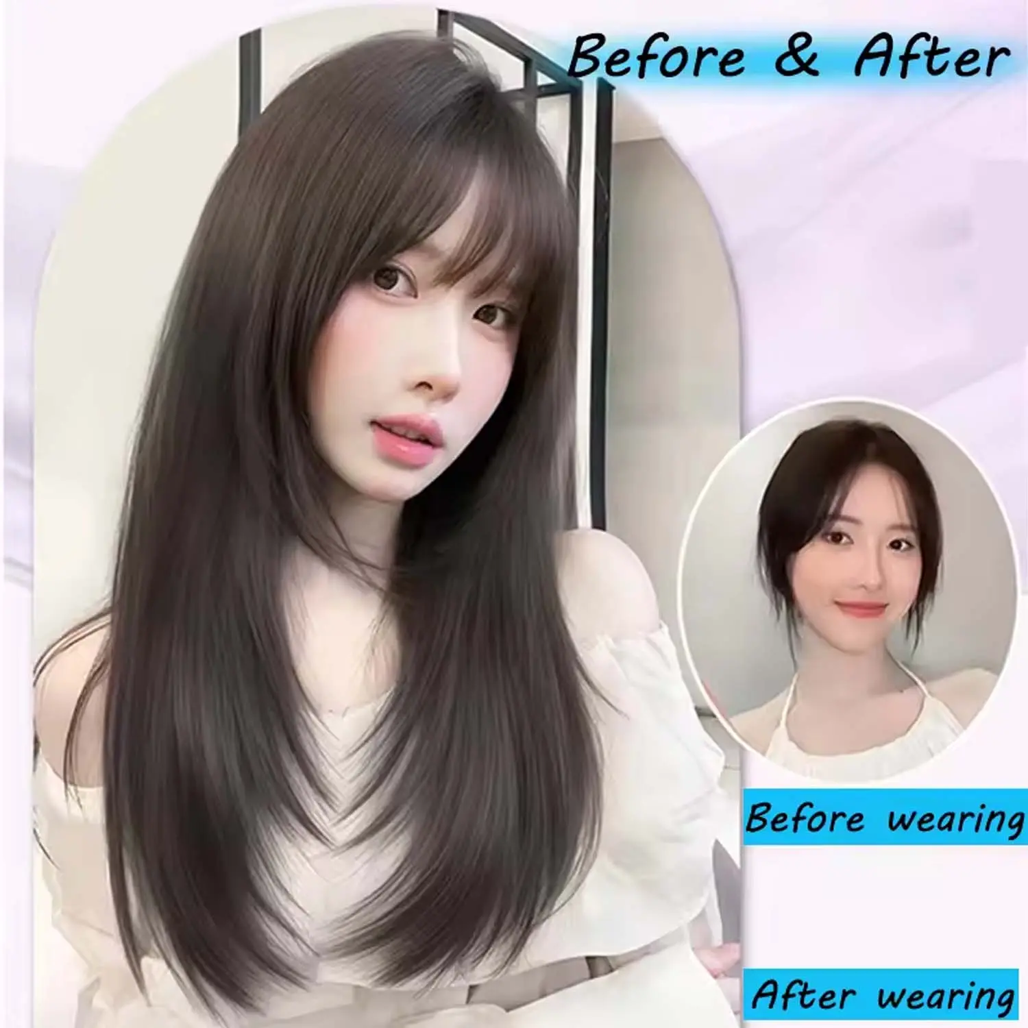 Synthetic Black Wig Female Simulation Hair High Level Long Hair Air Natural French Bangs Heat Resistant Fiber Wigs for Women