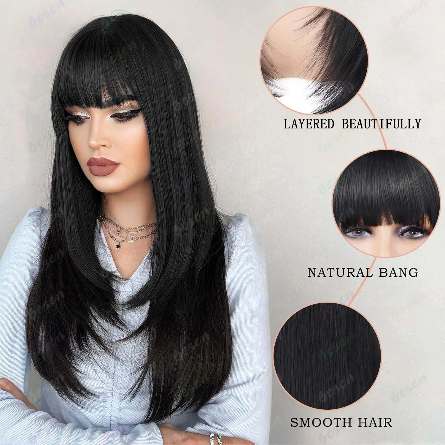 Synthetic Black Wig Female Simulation Hair High Level Long Hair Air Natural French Bangs Heat Resistant Fiber Wigs for Women