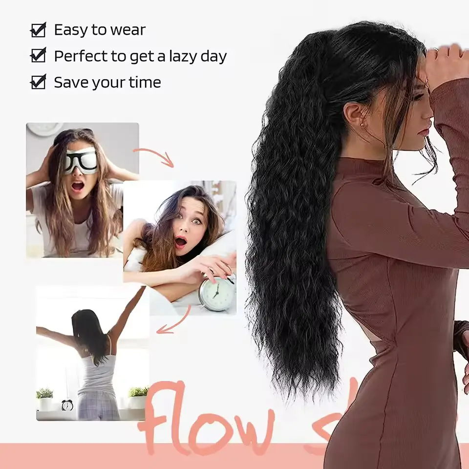 Synthetic Long Curly Drawstring Ponytail for Women 24" Black Blonde Brown Mix Color Ponytail Clip in Hair Extensions for Daily