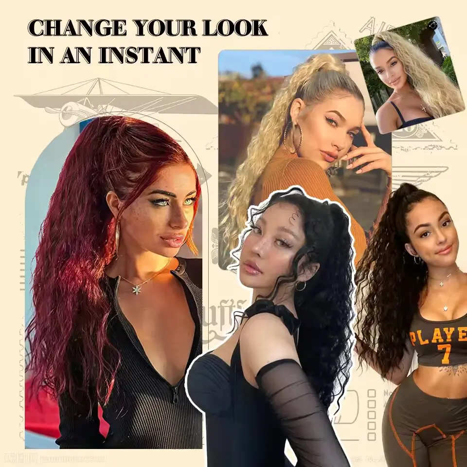 Synthetic Long Curly Drawstring Ponytail for Women 24" Black Blonde Brown Mix Color Ponytail Clip in Hair Extensions for Daily