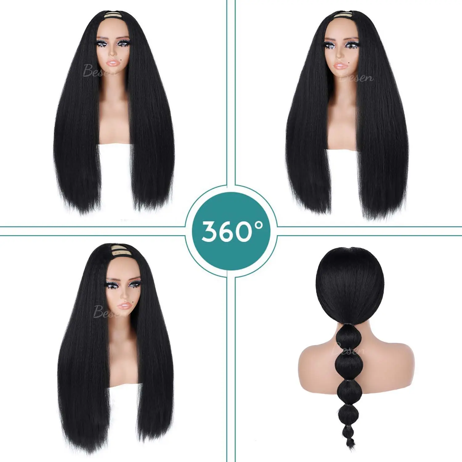 Synthetic Black Yaki Kinky Straight U Part Wig for Black Women Long Kinky Straight U Part Wig Clip In Hair Extensions for Women