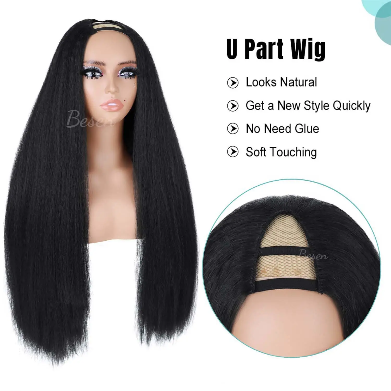 Synthetic Black Yaki Kinky Straight U Part Wig for Black Women Long Kinky Straight U Part Wig Clip In Hair Extensions for Women