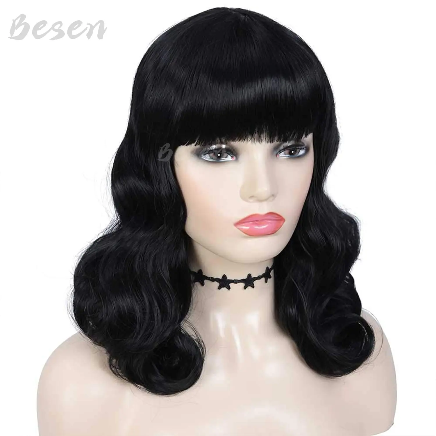 Synthetic Rockabilly Vintage Wigs Black Wig with Bangs Shoulder Length Short Curly Bettie Page Wigs for Cosplay Daily Use