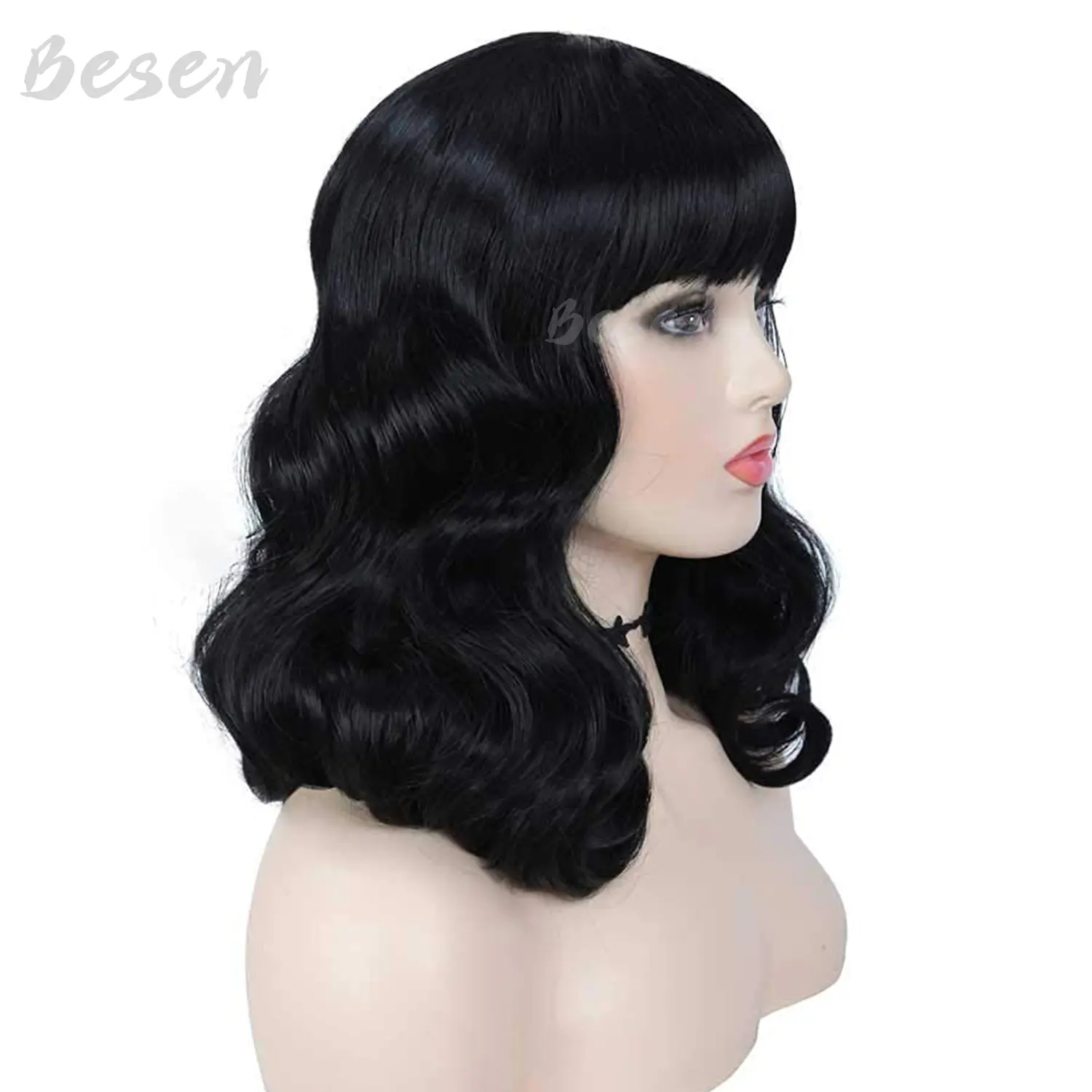Synthetic Rockabilly Vintage Wigs Black Wig with Bangs Shoulder Length Short Curly Bettie Page Wigs for Cosplay Daily Use