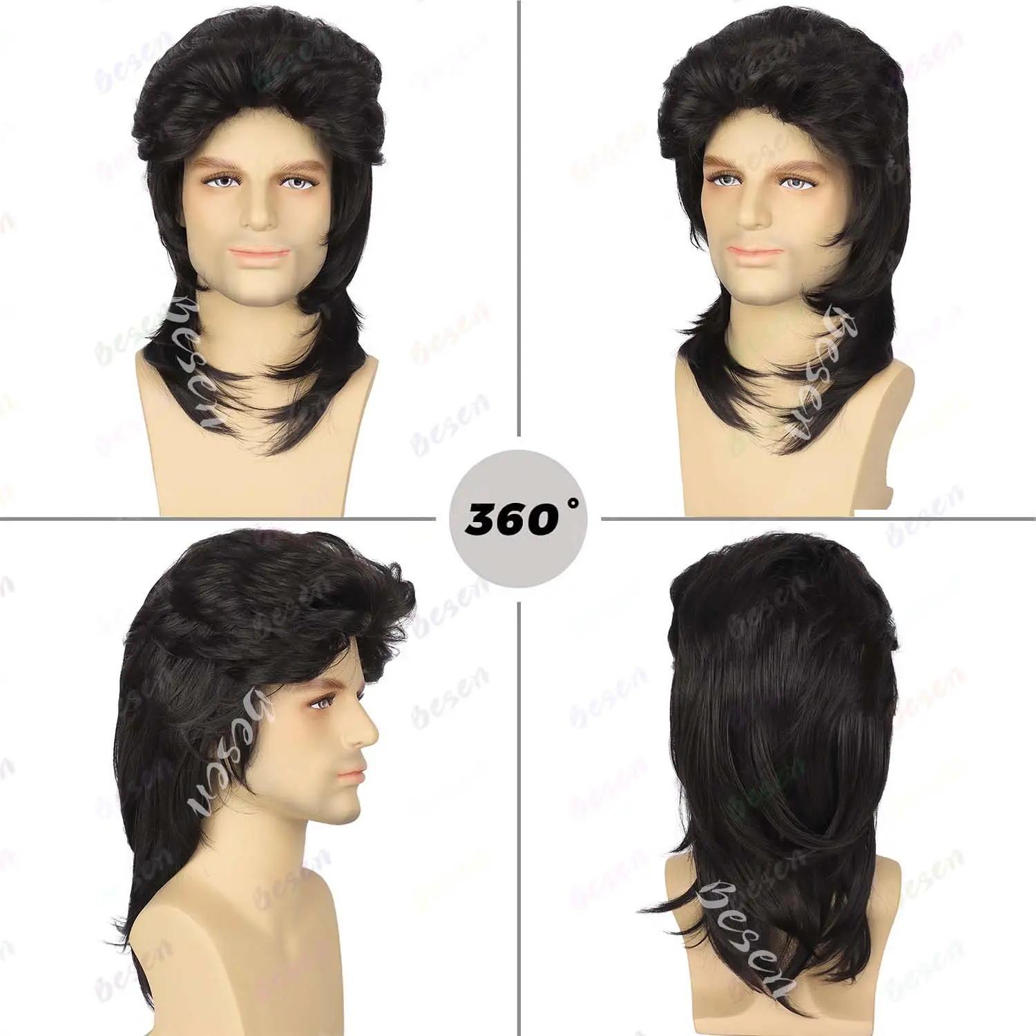 Synthetic Black Mullet Wigs for Men,18“ Emo Wig 80s 90s Party Accessory Cosplay Wig Halloween Man,Joe Dirt Wig,Multi-colored Wig