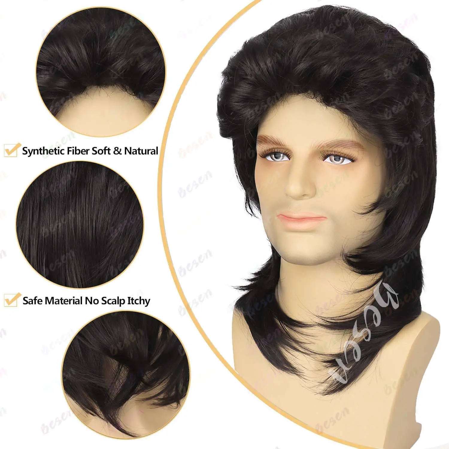 Synthetic Black Mullet Wigs for Men,18“ Emo Wig 80s 90s Party Accessory Cosplay Wig Halloween Man,Joe Dirt Wig,Multi-colored Wig