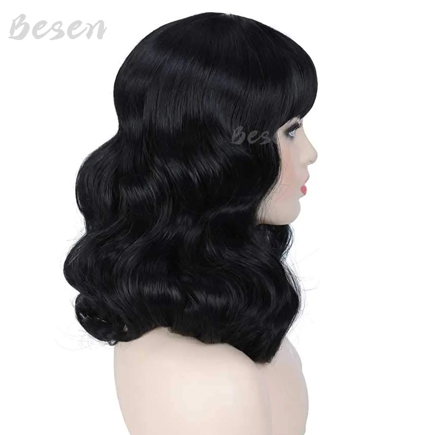 Synthetic Rockabilly Vintage Wigs Black Wig with Bangs Shoulder Length Short Curly Bettie Page Wigs for Cosplay Daily Use