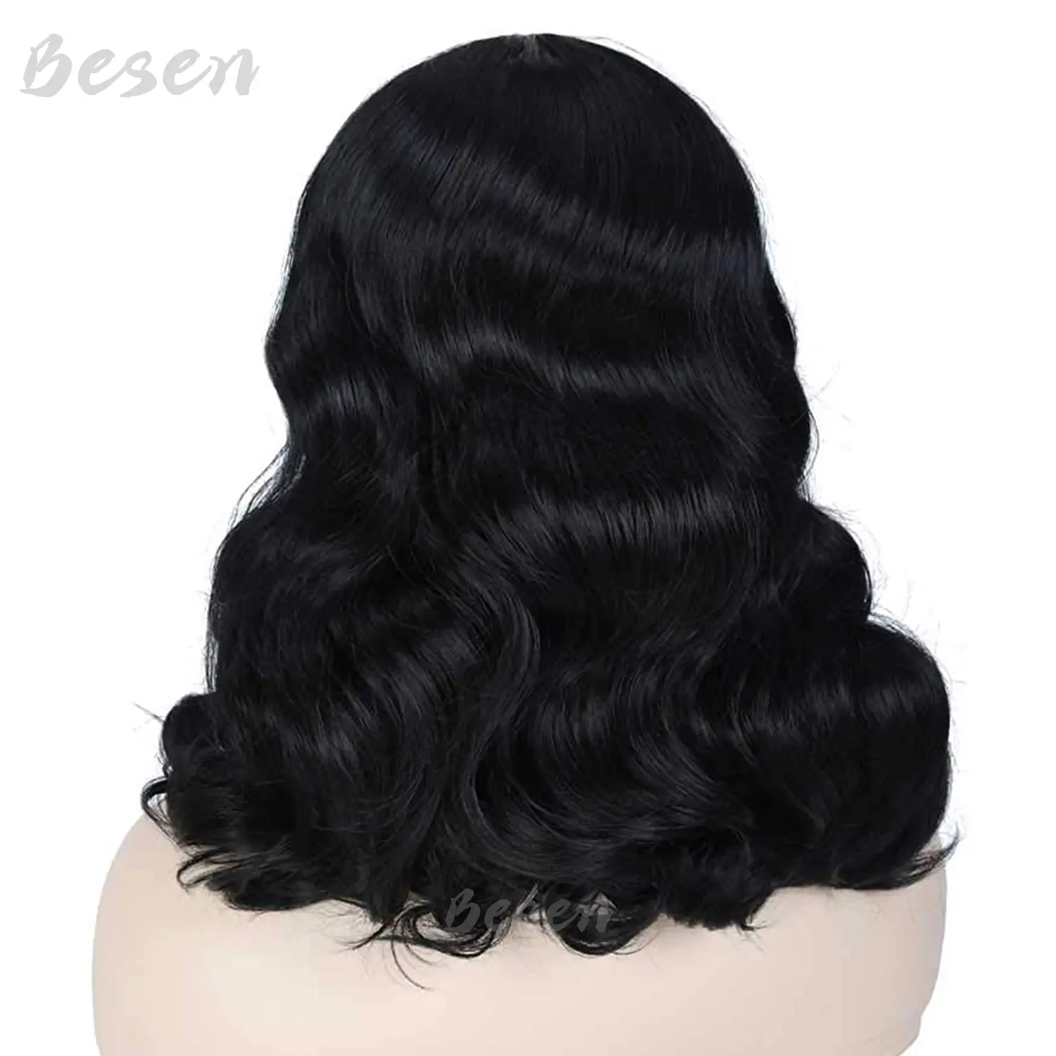 Synthetic Rockabilly Vintage Wigs Black Wig with Bangs Shoulder Length Short Curly Bettie Page Wigs for Cosplay Daily Use