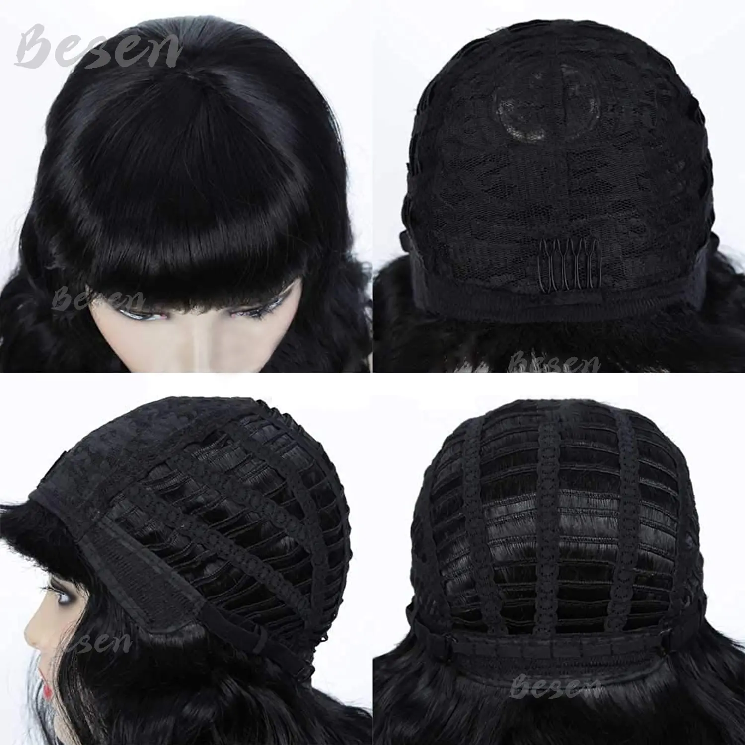 Synthetic Rockabilly Vintage Wigs Black Wig with Bangs Shoulder Length Short Curly Bettie Page Wigs for Cosplay Daily Use