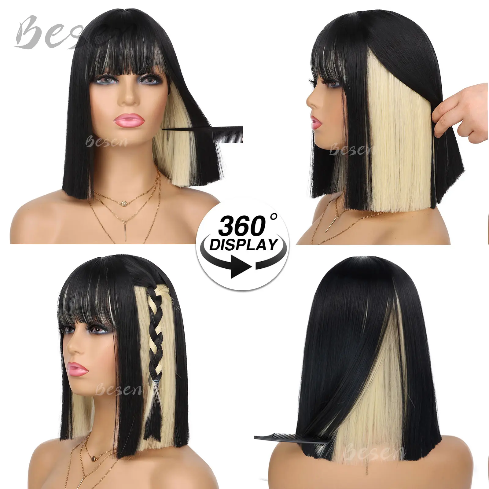 Synthetic Peekaboo Bob Wig with Bangs Short Straight Bob Wig for Women Shoulder Length Wig for Daily Party Use