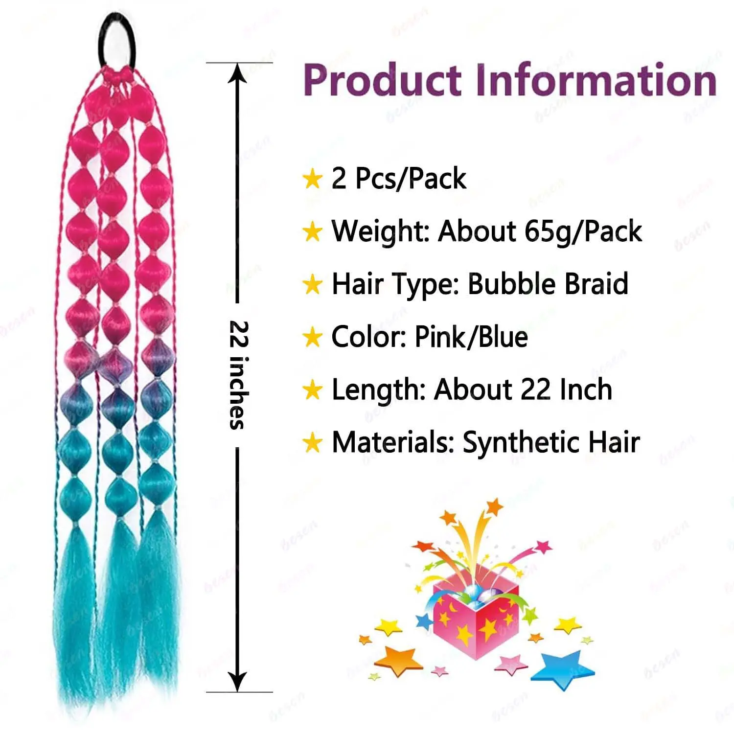 Synthetic 2 Pcs Ponytail Extension Lightweight Colored Hair Extensions for Girls Kids Bubble Ponytail Extension with Hair Tie