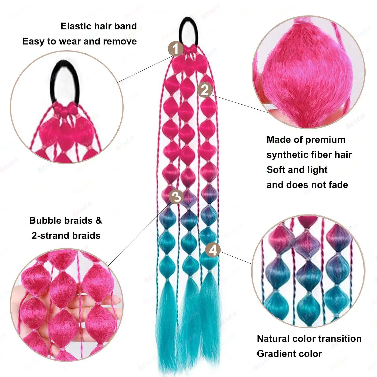 Synthetic 2 Pcs Ponytail Extension Lightweight Colored Hair Extensions for Girls Kids Bubble Ponytail Extension with Hair Tie