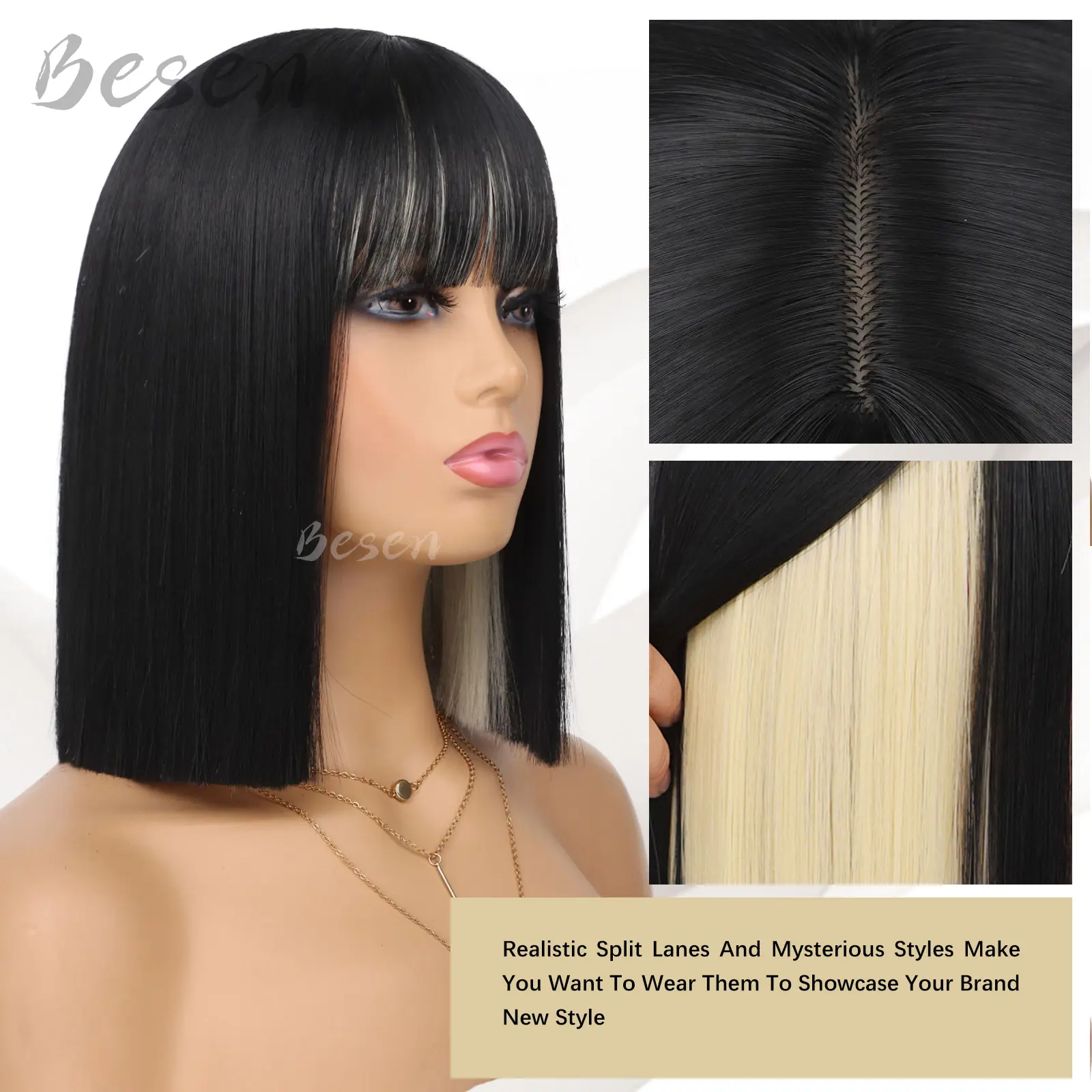 Synthetic Peekaboo Bob Wig with Bangs Short Straight Bob Wig for Women Shoulder Length Wig for Daily Party Use